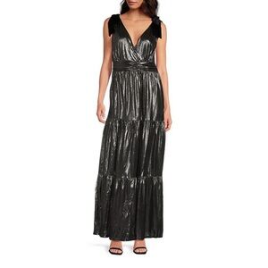 Sugarlips Surplice V Neck Sleeveless Metallic Shoulder Tie Tiered Maxi Dress Med